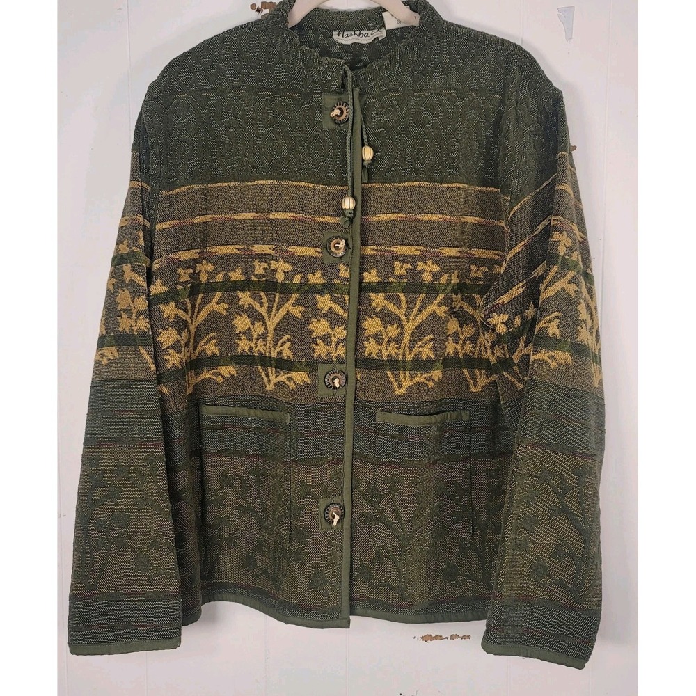 Flashback Jacket Womens 3X‎ Green Yellow Floral Tapestry Button Up Boho Pockets